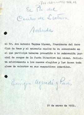 Carta d'Enric Aguadé Parés a Antoni Tapias Llevat
