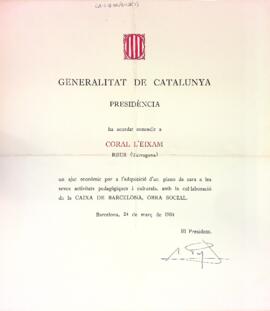Diploma de la Generalitat de Catalunya concedint un ajut econòmic a la Coral L'Eixam
