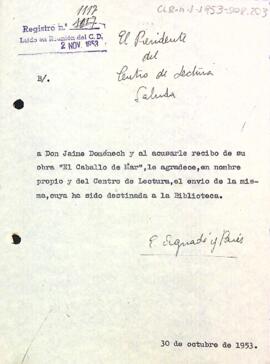Cartea d'agraïment del president a Jaume Domènech