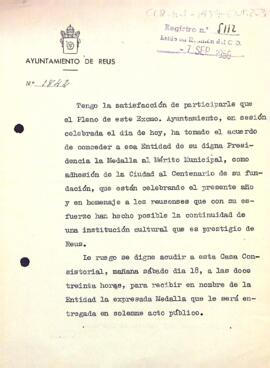 Carta de l'alcalde de Reus al president del Centre de Lectura