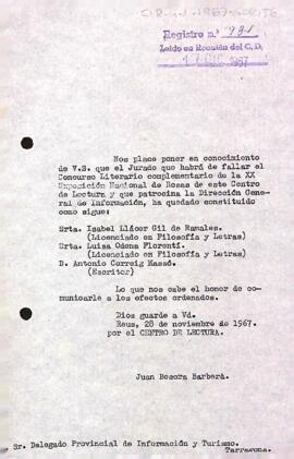 Carta de Joan Besora al delegat provincial d'informació i turisme de Tarragona