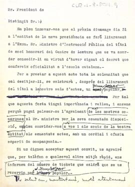 Esborrany de la carta que s'envia als socis informant de l'àpat que s'oferirà dins dels actes d'homenatge a Marcel·lí Domingo