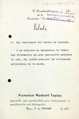 Carta de la junta directiva de l'Associació d'Antics Alumnes La Salle al president del Centre de Lectura