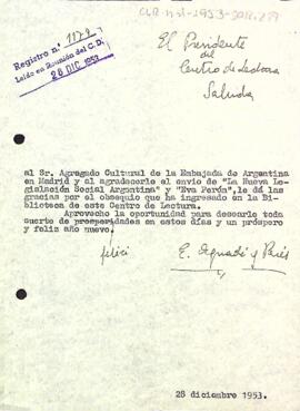 Carta d'agraïment del president a l'ambaixada d'Argentina a Madrid