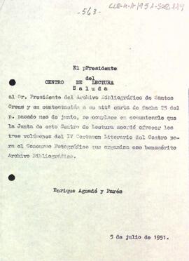 Carta del president a l'Arxiu Bibliogràfic de Santes Creus comunicant l'enviament dels volums del IV Certamen Literari del Centre de Lectura per al concurs de fotografia