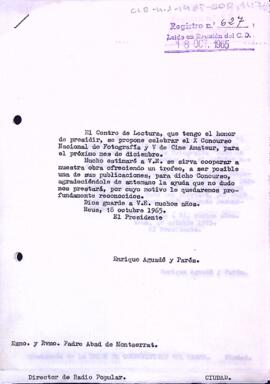 Carta del president sol·licitant col·laboració per al X Concurs Nacional de Fotografia i V de Cine Amateur