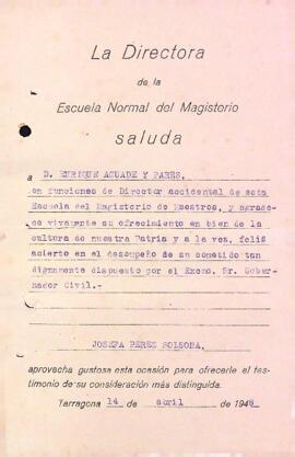 Carta de l'Escuela Normal de Magisterio a Enric Aguadé Parés