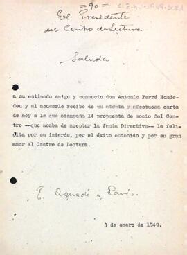 Carta del president a Antonio Ferrer Homdedéu confirmant l'admissió dels 14 socis proposats