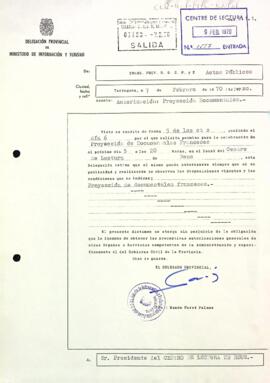 Carta de la delegació provincial al president autoritzant les projeccions dels documentals francesos