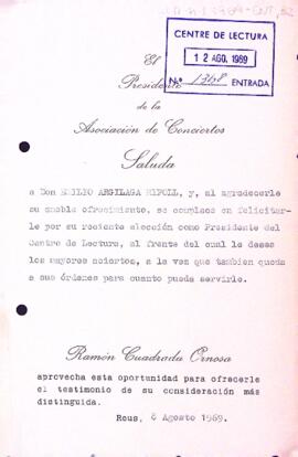 Carta del l'Associació de Concerts de Reus al president del Centre de Lectura