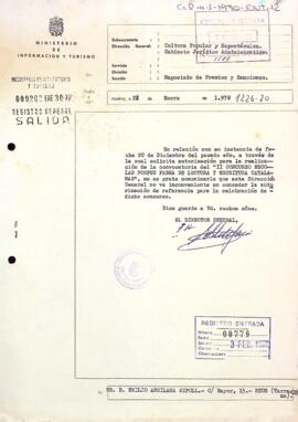 Carta de la direcció general de cultura popular i espectacles al president autoritzant el II Concurs escolar Pompeu Fabra