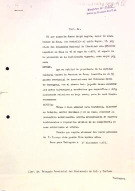 Sol·licitud del president al delegat provincial demanant permís per celebrar els actes culturals i acadèmics del mes de gener