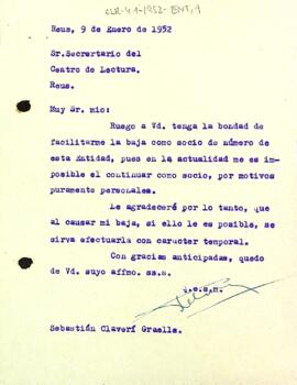 Carta de Sebastián Claverí Graells al Secretari del Centre de Lectura