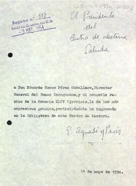 Carta d'agraïment del president al director general del Banco Zaragozano