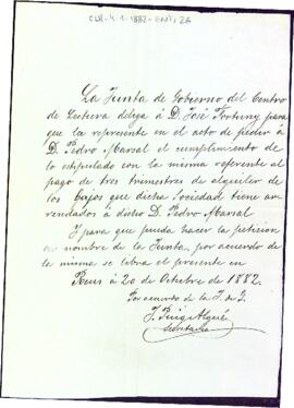 Carta de la Junta de Govern del Centre de lectura, designant al Sr. Josep Fortuny com a representant de l'entitat per reclamar a Pere Marsal el lloguer endarrerit