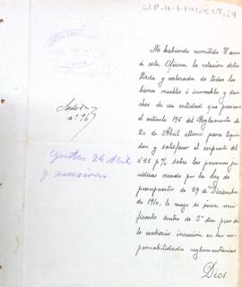 Carta de l'Oficina Liquidadora de Reus al president amb relació a l'impost sobre els béns mobles i immobles de l'entitat