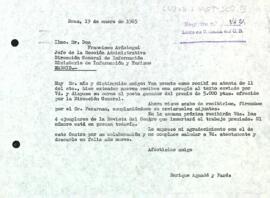 Carta d'Enric Aguadé al cap de la Secció administrativa del Ministeri d'Informació i Turisme