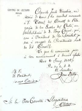 Avís de la Junta Directiva a Pere Cavallé