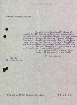 Carta de la Secció Excursionista a Josep M. Llopis Borràs