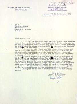 Carta de l'Istituto Italiano di Cultura al president del Centre de Lectura