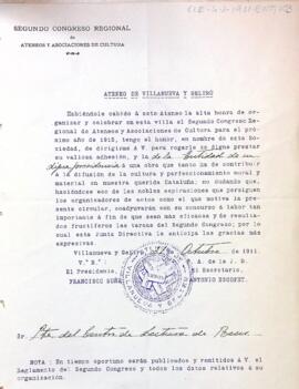 L' Ateneo de Villanueva y la Geltrú demana al president l'adhesió del Centre al  Segon Congrés Regional d'Ateneus