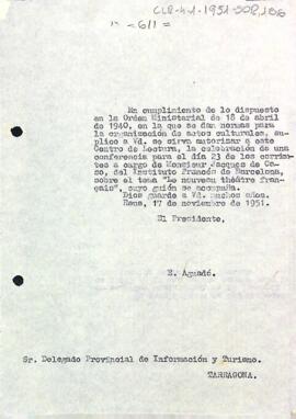 Carta del president al delegat provincial d'informació i turisme de Tarragona sol·licitant el permís per celebrar una conferència de Jacques de Caso