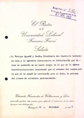 Carta del rector de la Universidad Laboral Francisco Franco