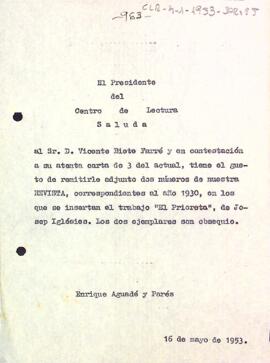 Carta del president a Vicenç Biete Farré