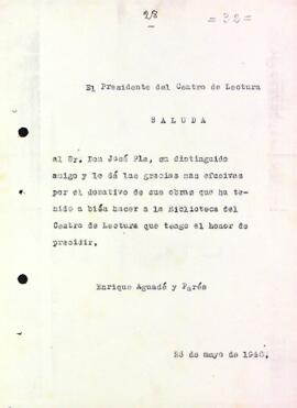 Carta d'agraïment a Josep Pla