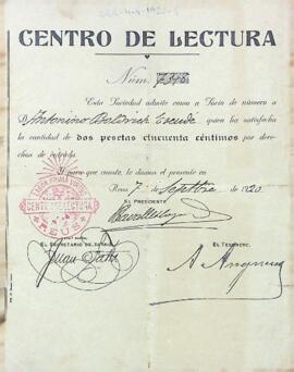 Resguard d'admissió del soci Antonio Baldrich Escudé