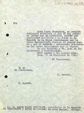 Carta d'agraïment de la junta directiva a la Secció de de Tecnologia i Arts Aplicades per la seva tasca duta a terme el passat curs