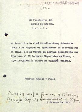 Carta d'agraïment del president al governador civil de la província de Tarragona entre d'altres personalitats