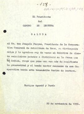 Agraïment a Joaquim Fargas pel donatiu de 125 pessetes