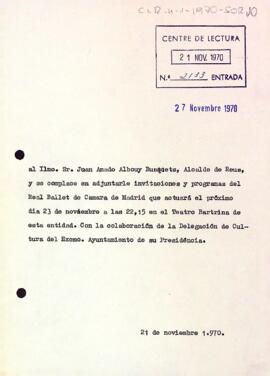 Carta del president a l'alcalde de Reus amb relació al Real Ballet de Cámara de Madrid