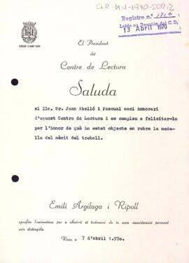 Felicitació del president a Joan Abelló i Pascual