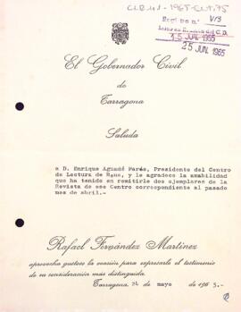 Carta del governador civil de Tarragona al president del Centre de Lectura