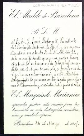 Carta de l'alcalde de Barcelona amb relació a la subvenció sol·licitada