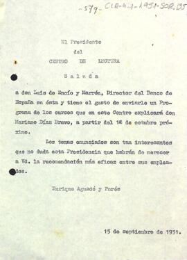 Carta del president al director del Banc d'Espanya comunicant l'enviament d'un programa dels cursos que oferirà l'entitat