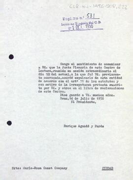 Carta del president del Centre de Lectura a Ana Maria Victorero comunicant la seva expulsió