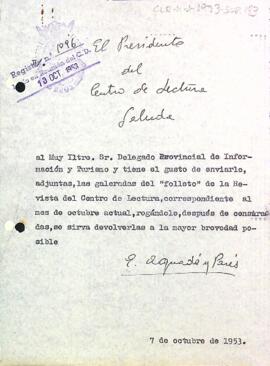 Carta del president al delegat provincial d'informació i turisme de Tarragona