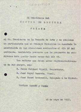 Carta del President del Centre de Lectura a la Secció