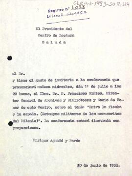Carta d'invitació del president a la conferència de Francisco Sintes