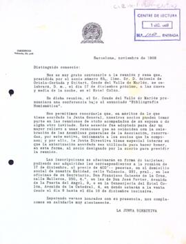 Convocatòria de la junta directiva de l'Associació de Bibliòfils de Barcelona