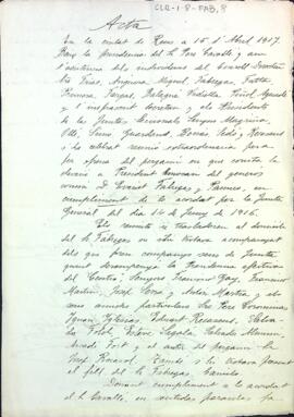 Acta de la reunió extraordinària del nomenament d'Evarist Fàbregas com a President Honorari de l'entitat