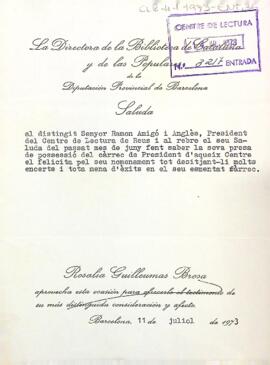 Felicitació de la directora de Biblioteca de Catalunya al president del Centre de Lectura