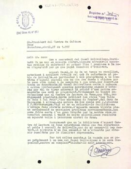 Carta del Casal Solivellenc de Barcelona al Centre de Lectura