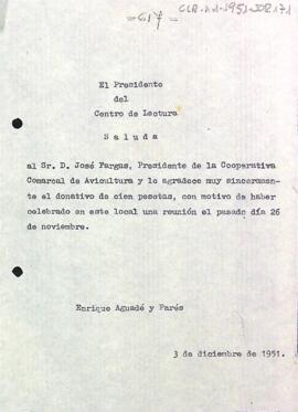 Carta del president a Josep Fargas agraint-li el donatiu de 100 pessetes