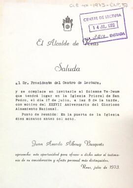 Invitació de l'alcalde de Reus al president del Centre de Lectura