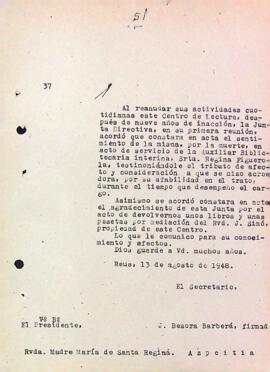 Carta del Centre de Lectura a Maria Figuerola