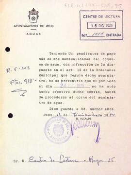 Advertència de l'Ajuntament de Reus per l'impagament de l'aigua